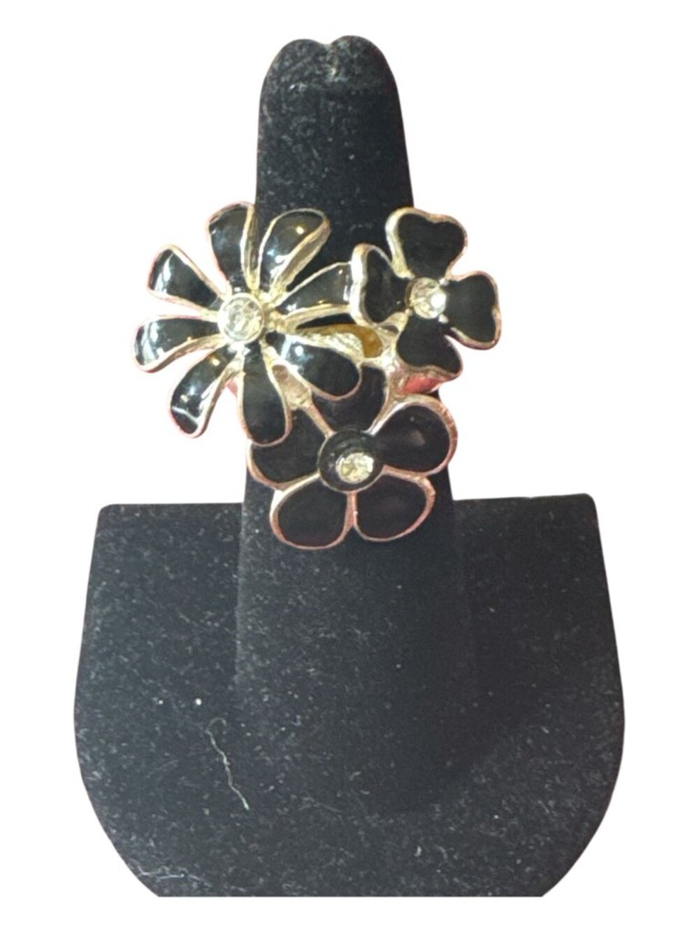 Black & Silver Floral Ring with Rhinestone Accents